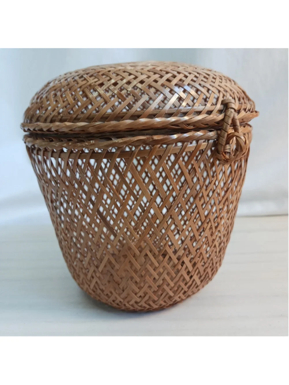 Vintage Hand Woven Bamboo Small Basket Hinged Lid Delicate Rattan